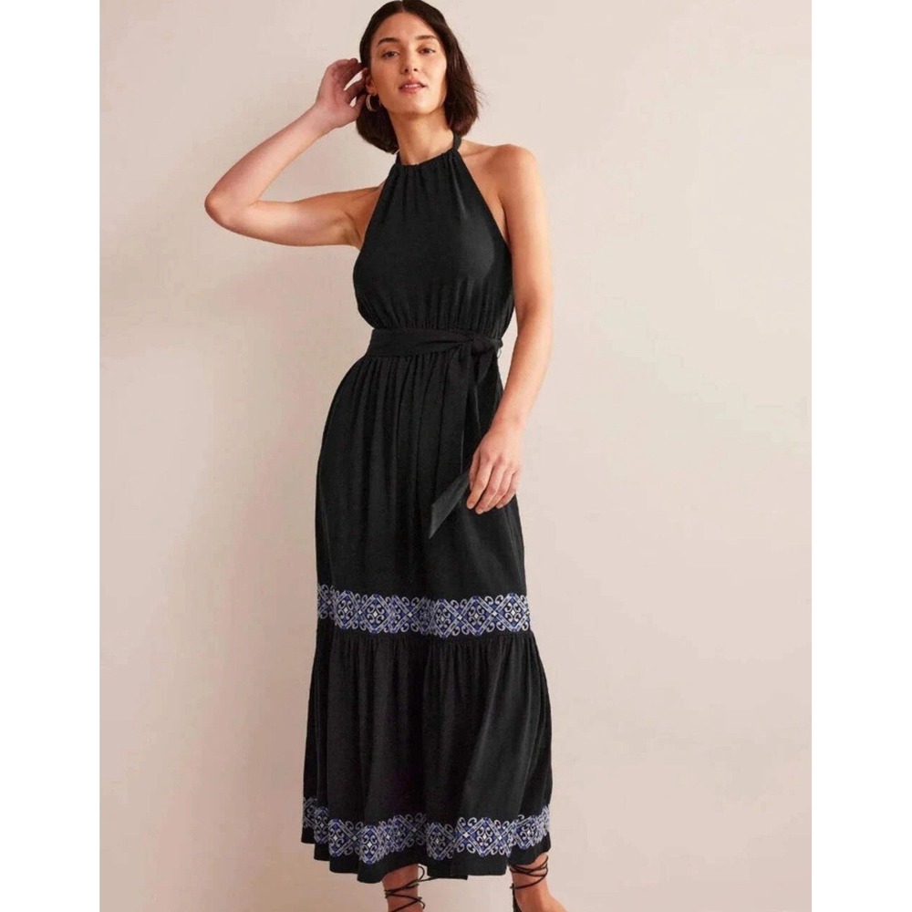 Boden Women's‎ Size 6P Petites Dress Embroidered Maxi Halter Black Boho